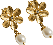 Gold flower earrings with pearl drops on a transparent background