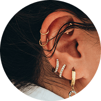 Close-up of an ear with gold earrings and a ring.