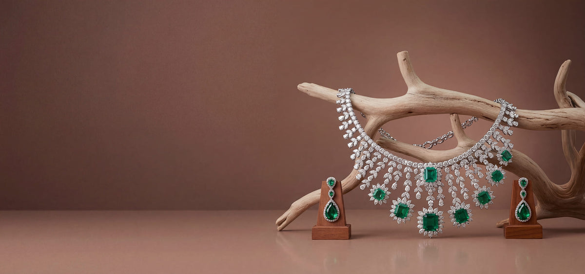 Jewelry set with necklace and earrings on a brown background