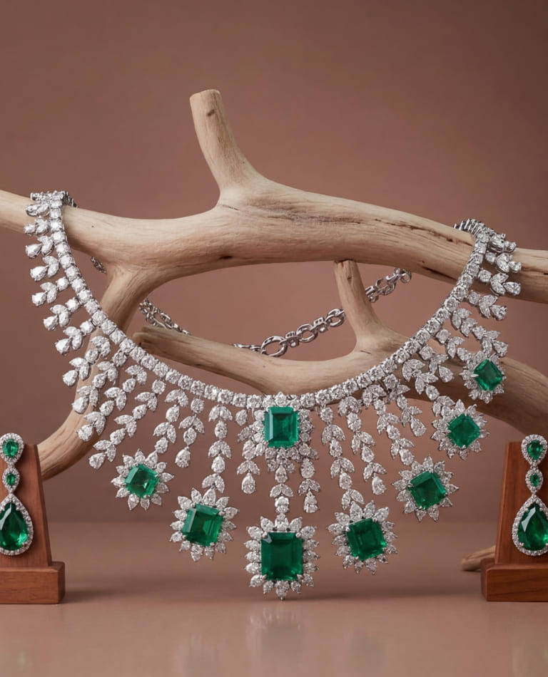 Necklace with emerald and diamond design on a wooden branch
